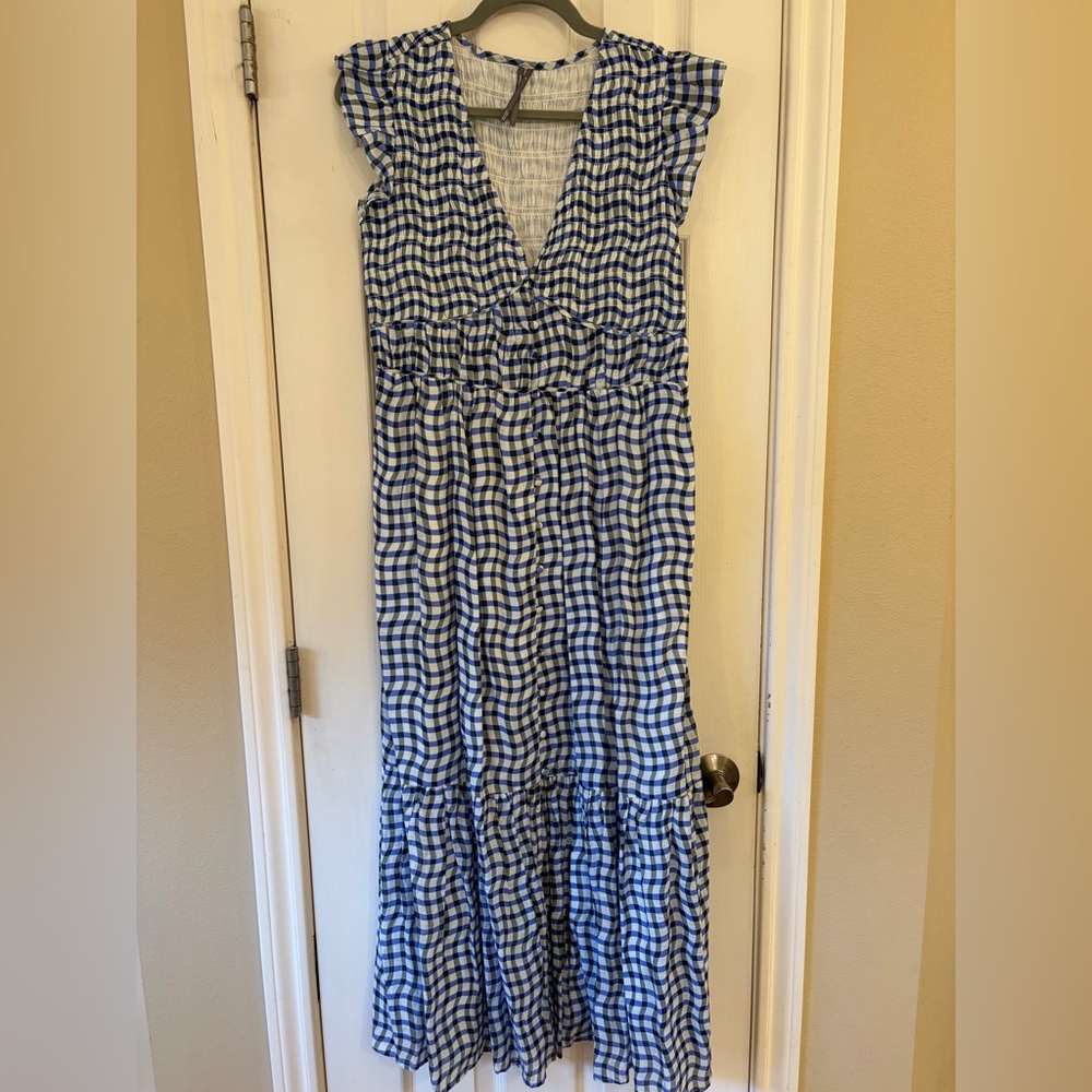 Anthropologie Blue and White Gingham Maxi Dress